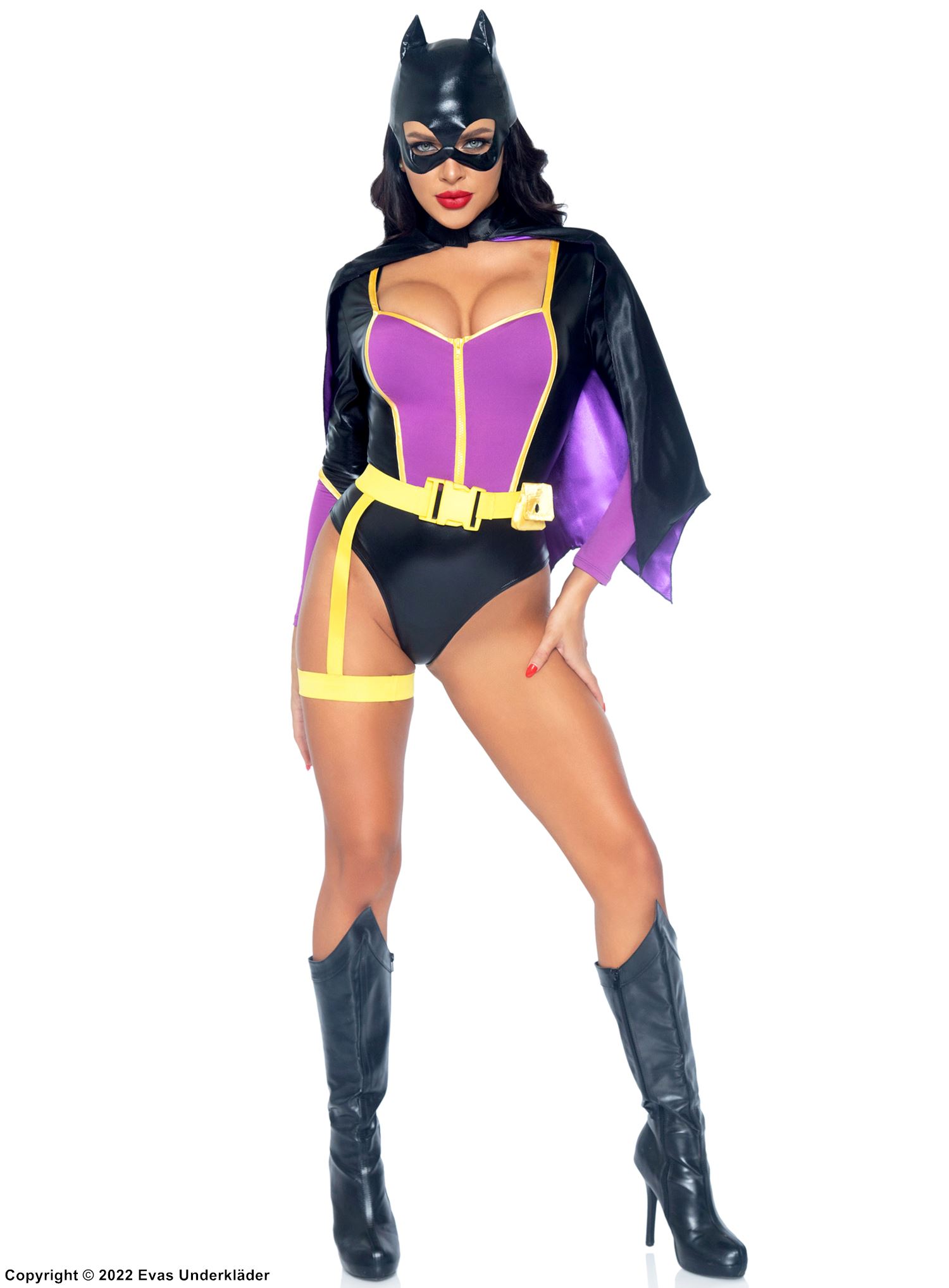 Female bat, body costume, long sleeves, belt, front zipper, cape